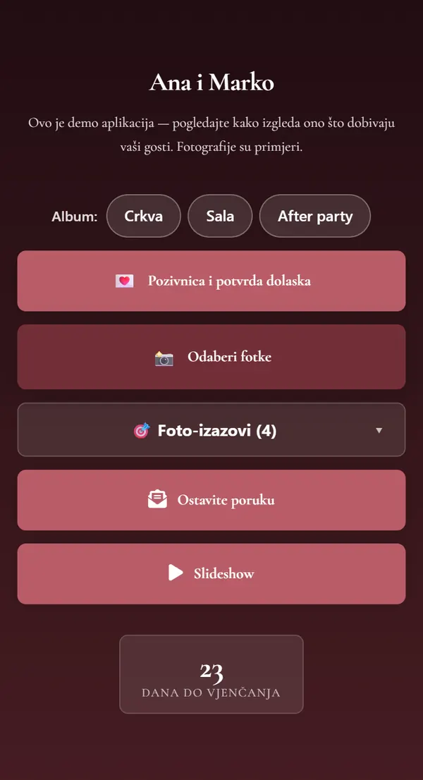 Aplikacija za goste: albumi, slanje fotografija, foto-izazovi i poruka