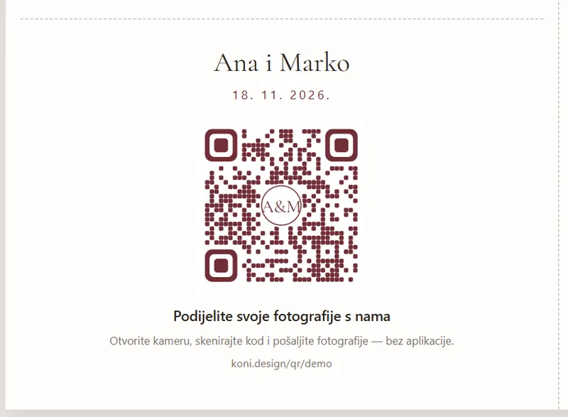 Kartica za stol s QR kodom i monogramom mladenaca