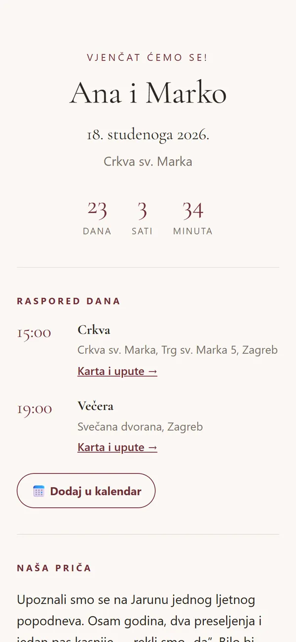 Web pozivnica s odbrojavanjem i rasporedom dana