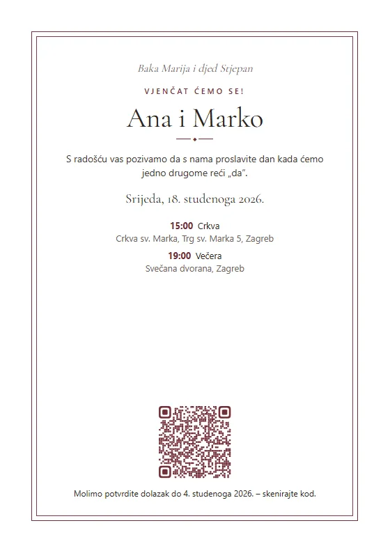 Tiskana pozivnica u klasičnom dizajnu s programom dana i QR kodom